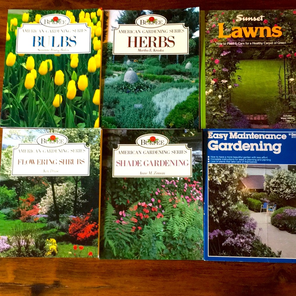 Burpee American gardening + 2 others (total of 6 books): shrubs, herbs, lawn